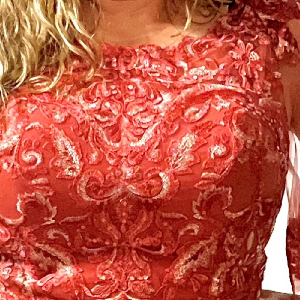 Mother of the Bride dress, cinnamon rose (mix color of salmon and brick).